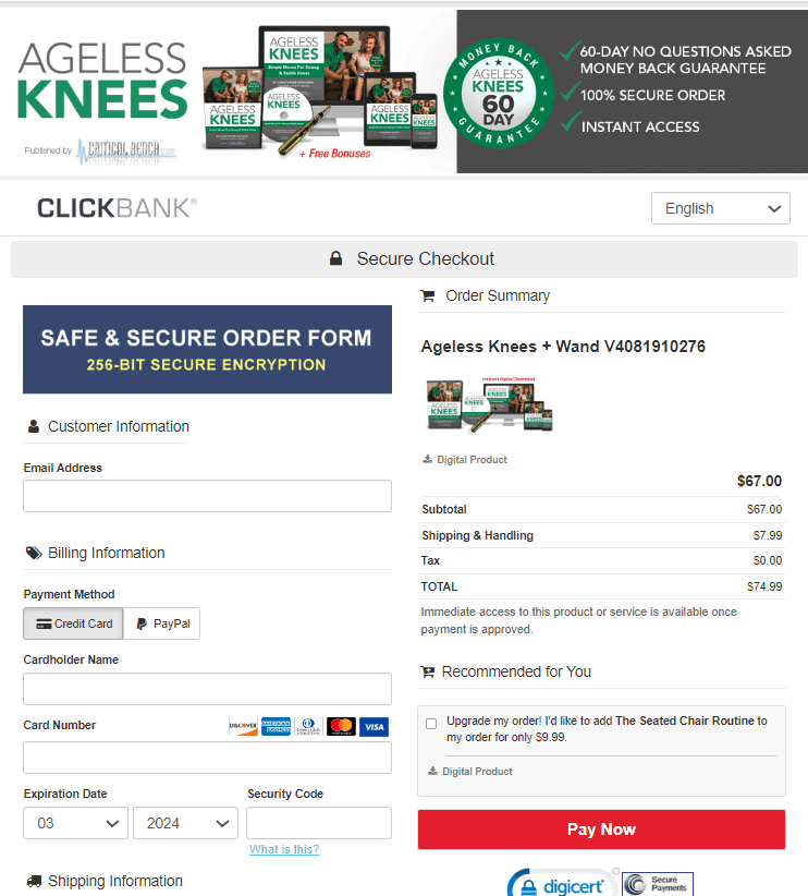The Ageless Knees Checkout Page